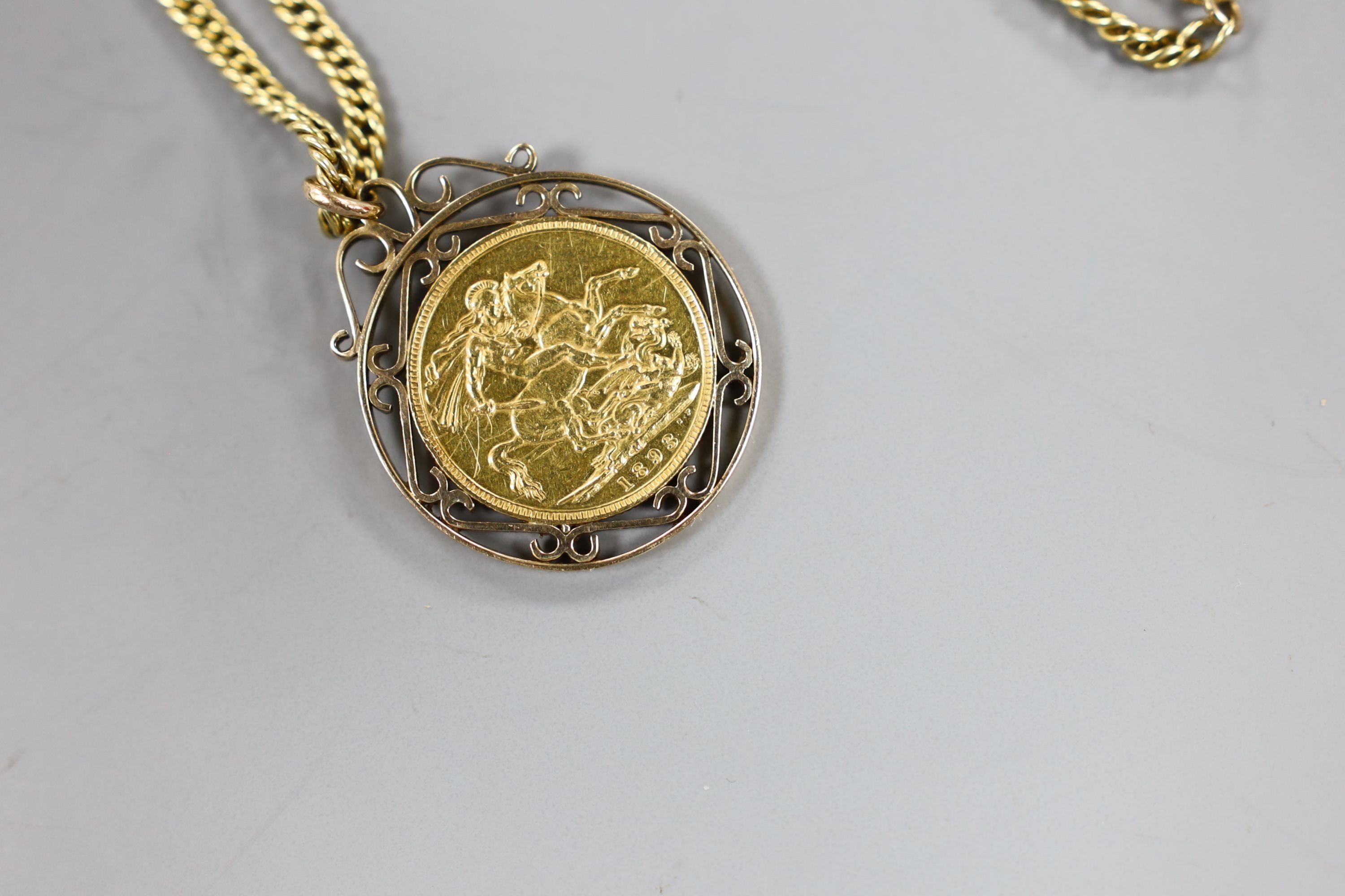 A Victoria 1893 gold sovereign, in pendant mount, on a 9ct chain